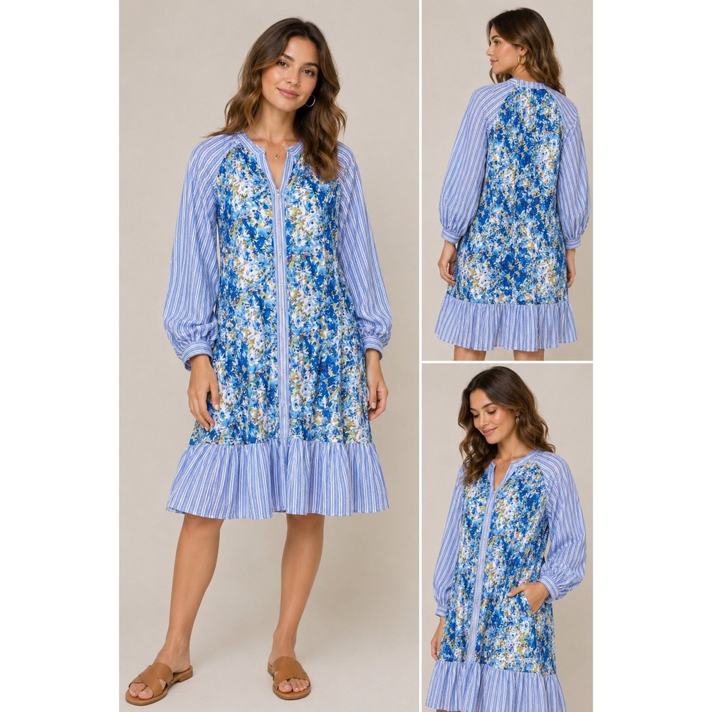 Davis & Dani Womens Blue Floral Stripe Mix Shirt Dress Size S oversized